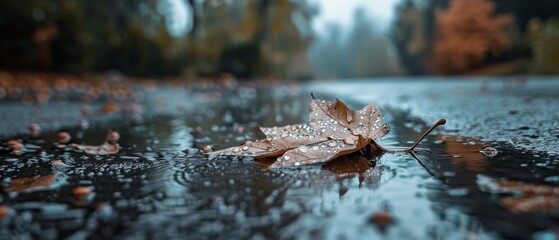 Fototapeta premium A fallen leaf, adorned with raindrops, rests on the wet ground, capturing a moment of serene stillness in nature.
