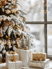 Snow Christmas tree with fairy lights and presents with blurred window during winter, gold and white themed	

