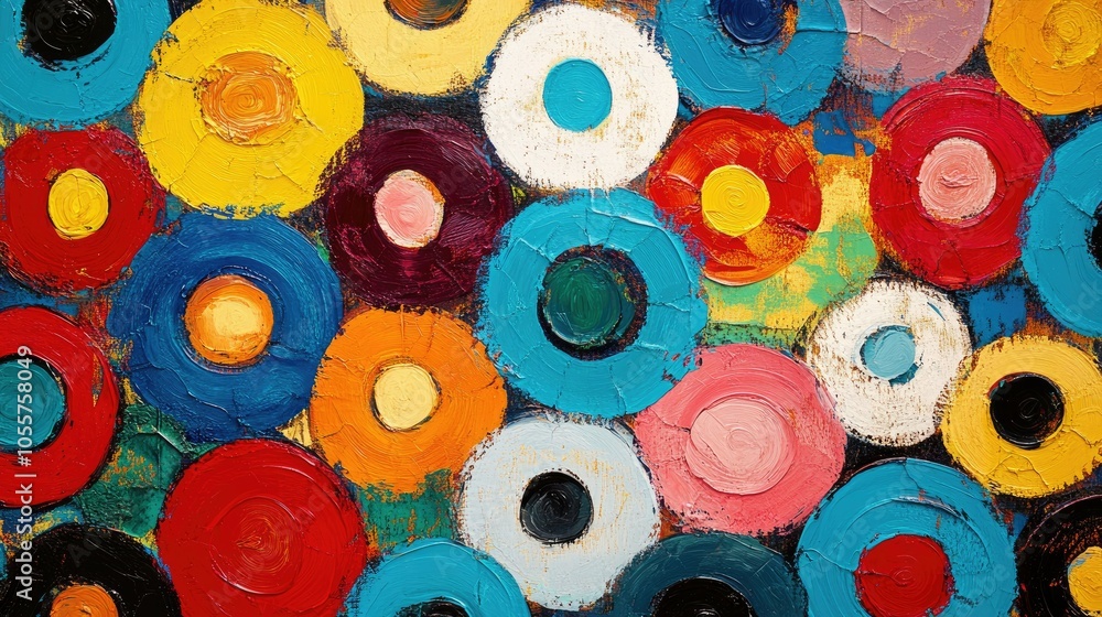 Poster colorful circular patterns creating a playful abstract background; ideal for artistic or modern desi