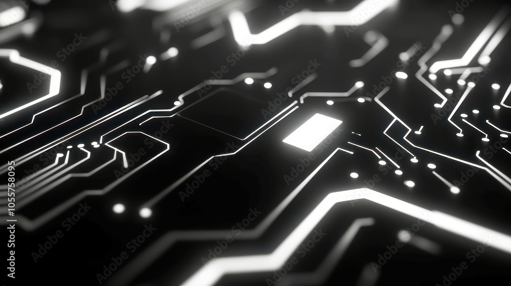 Poster abstract electronic circuits intertwine, showcasing a black and white stylized representation of tec