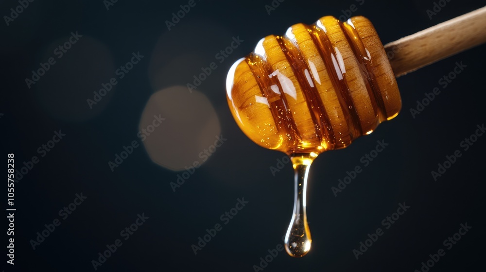 Poster honey dripping from a wooden dipper against a dark background a sweet natural product ideal for your