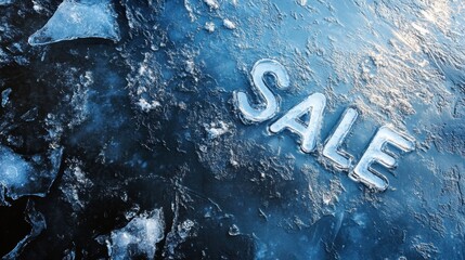 Word "SALE" carved into a frozen lake, surrounded by cracked ice and snow