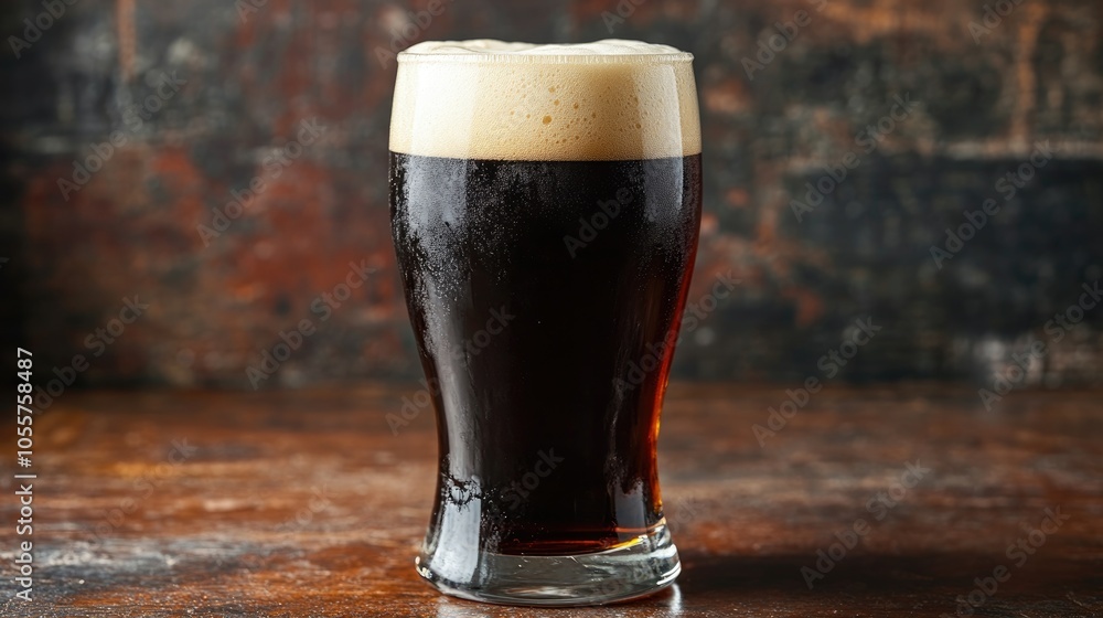 Aufkleber cold draft lager or dark ale in a glass pint with foam on a table ideal for brew house promotions an