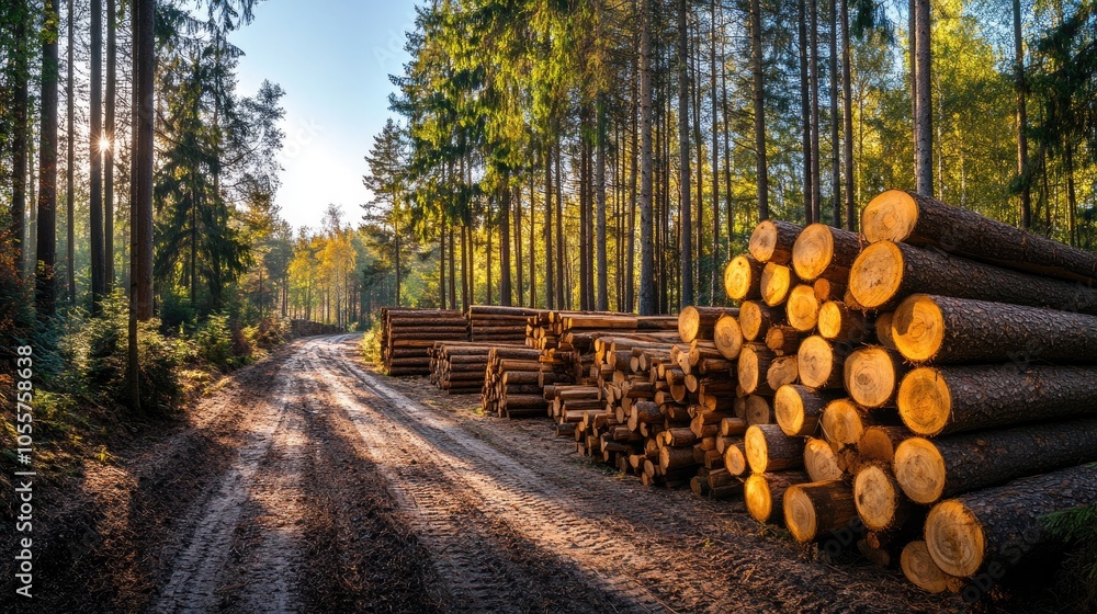 Poster Pine and spruce trees in a forest with stacked log trunks highlighting the timber industry A panoramic view of wooden trunks in a natural setting