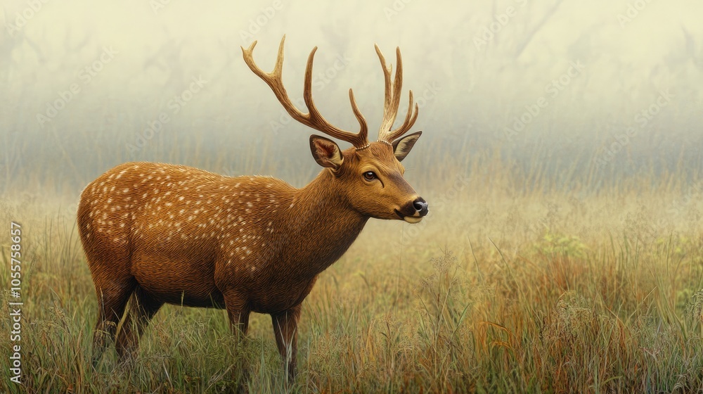 Poster sambar deer with antlers grazing in a lush grassland setting