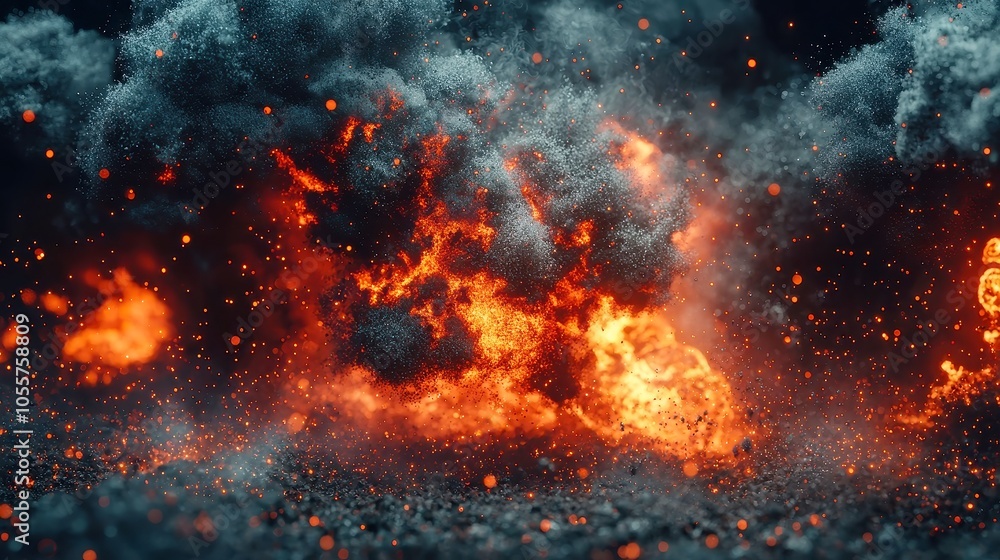 Poster dynamic ember particles, swirling orange sparks ascend in chaotic motion, creating an abstract overl