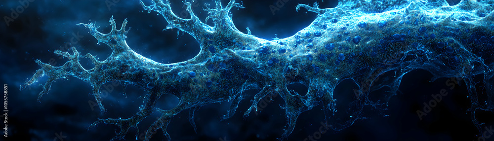 Poster abstract 3d render of a glowing blue network of interconnected particles