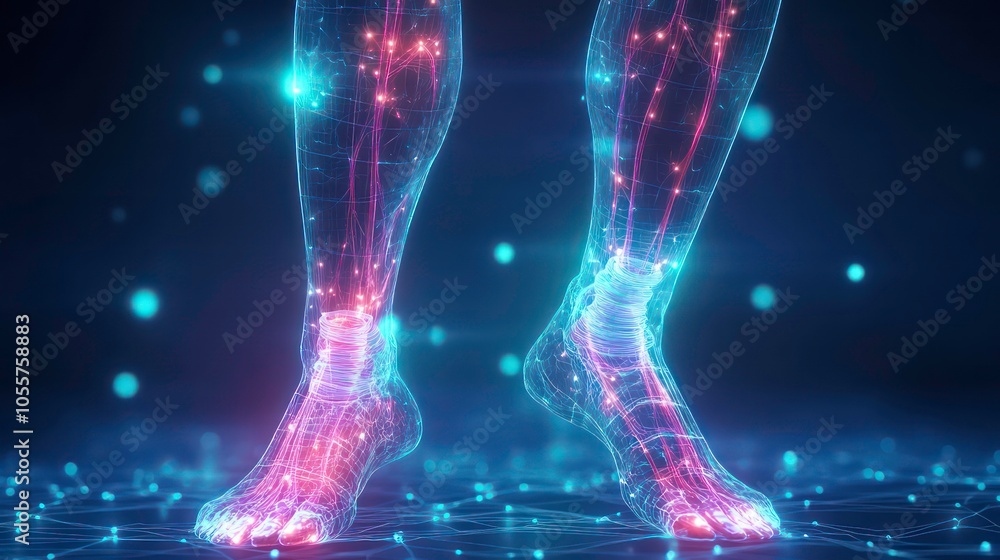 Poster Digital representation of human legs showcasing anatomical structures and neural connections.