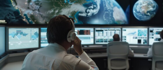 A control room with large screens shows the planet Earth, where focused individuals monitor global activities, signifying innovation and vigilance.