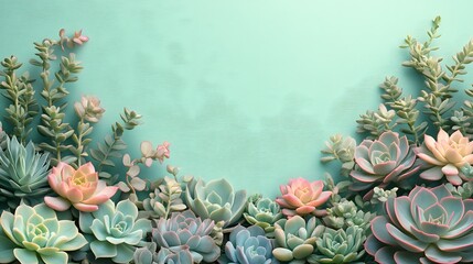 Fototapeta premium Succulent plants arranged in border composition on mint green background, featuring pastel colors and delicate green and pink tones in modern style.