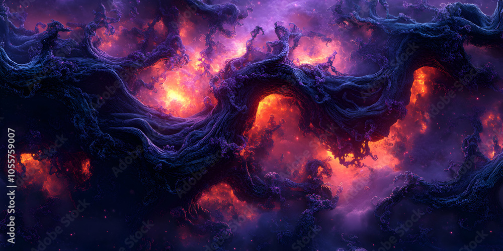 Poster abstract 3d rendering of a purple and orange nebula with intricate details