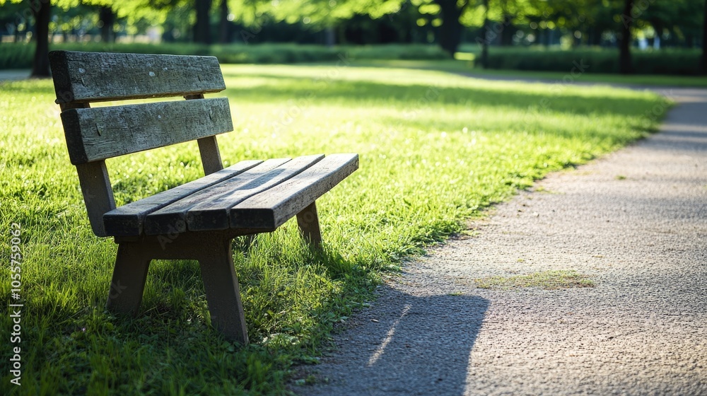 Poster a vacant wooden bench is positioned on the pathway in a park surrounded by lush green grass and a la