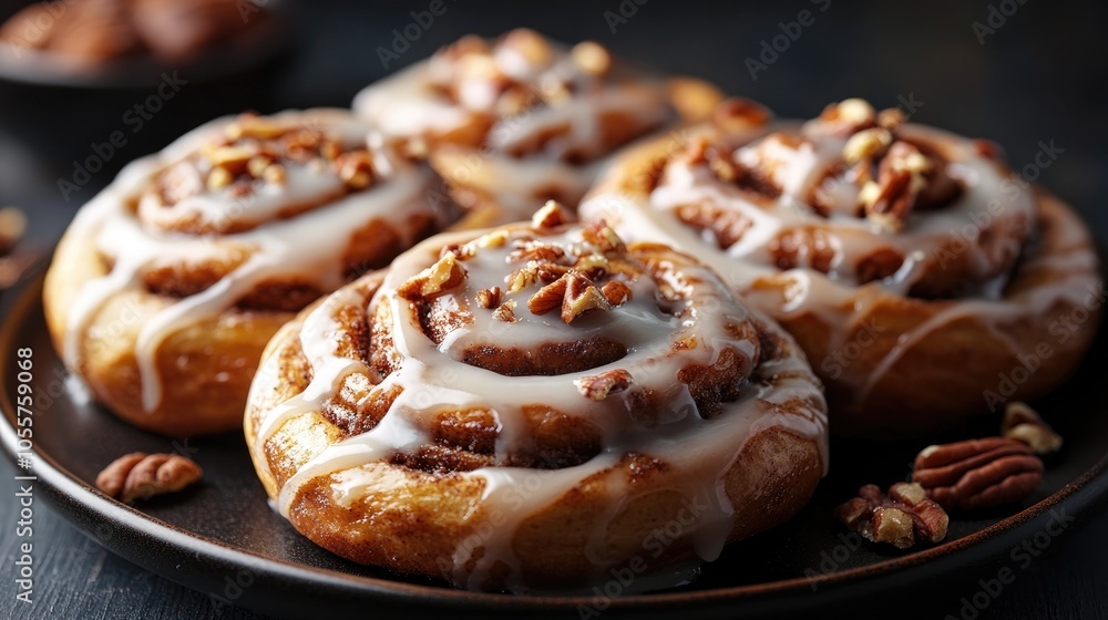 Poster cinnamon buns drizzled with glaze garnished with nuts presented on a dark plate against a contrastin