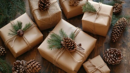Brown paper gifts wrapped for Christmas with pine cones showcasing an eco friendly and rustic holiday packaging theme
