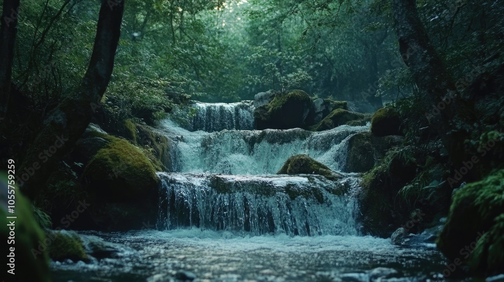 Poster water flows through a forest cascading over rocks