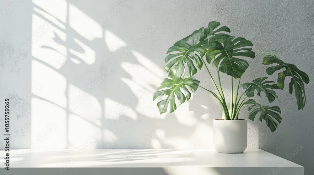 Aufkleber Contemporary workspace featuring a potted monstera on a white desk with sunlight filtering in through the window creating shadow patterns on the wall