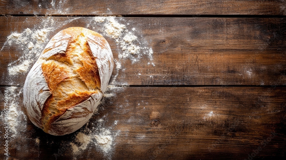 Poster artisan bread loaf resting on a rustic wooden surface surrounded by a sprinkle of flour