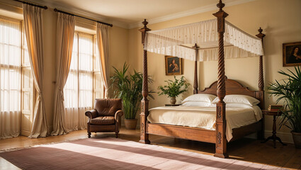 Modern bedroom interior with sunlight 
