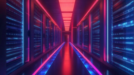 A futuristic data center corridor illuminated with neon lights.