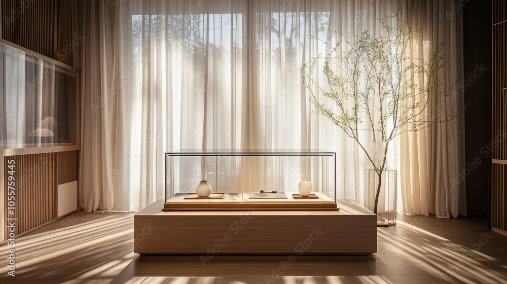 Poster elegant display case on a pedestal with sunlight filtering through curtains; minimalist, stylish lay