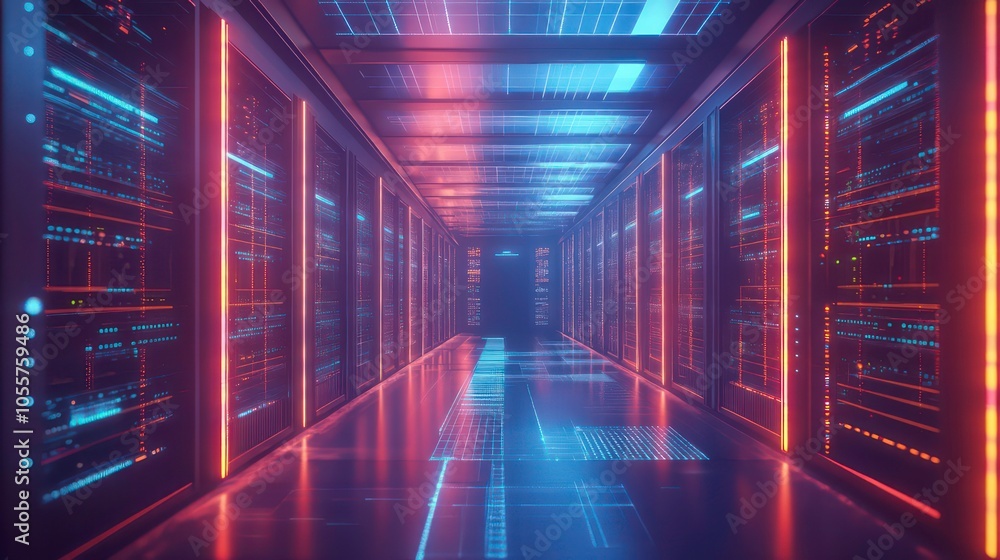 Poster a futuristic data center corridor with illuminated server racks and high-tech ambiance.