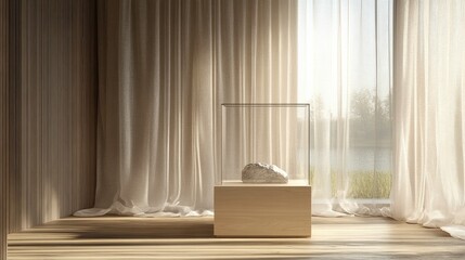 Elegant display case on a pedestal with sunlight filtering through curtains; minimalist, stylish layout