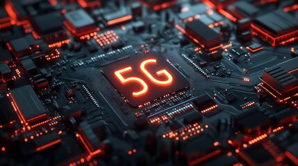 Futuristic Technology Background With Glowing 5G Text On Circuit Board, Concept For Innovation