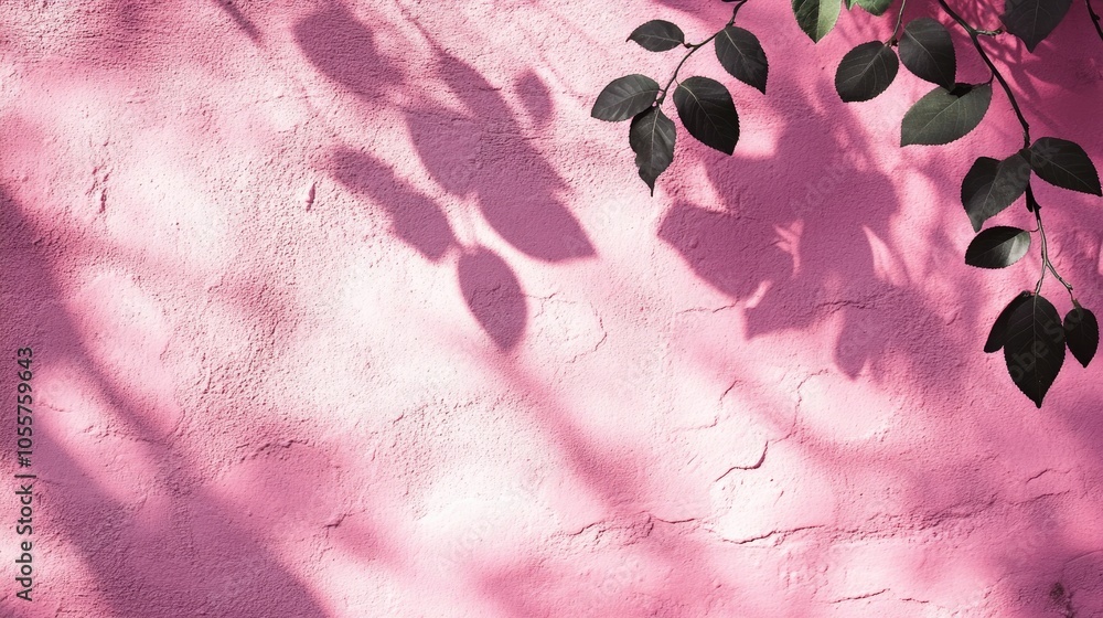 Poster leaves shadow cast on a textured pink concrete wall featuring roughness and irregularities an abstra