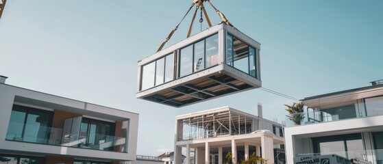 A modular unit is hoisted by a crane against a blue sky, symbolizing innovation in modern architectural techniques and adaptable living solutions.