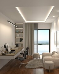 Modern home office interior design with sleek furniture, natural light, and minimalist decor, creating a comfortable and productive workspace. 3d render