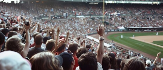 Enthusiastic fans cheering with raised arms at a baseball game, conveying the joy and camaraderie of being part of the sporting community.