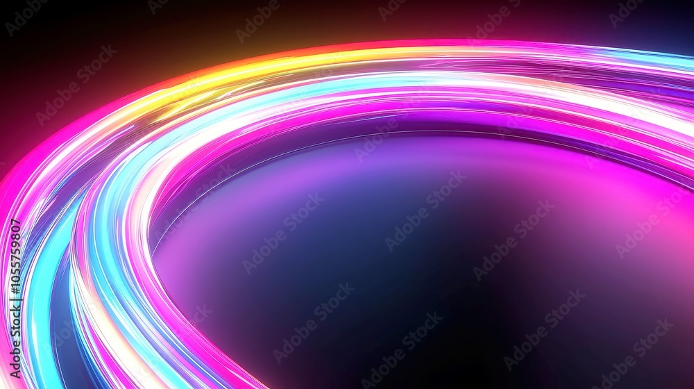 Poster vibrant fluid dynamics, an animated 3d abstract scene featuring curved lines and colorful light poin