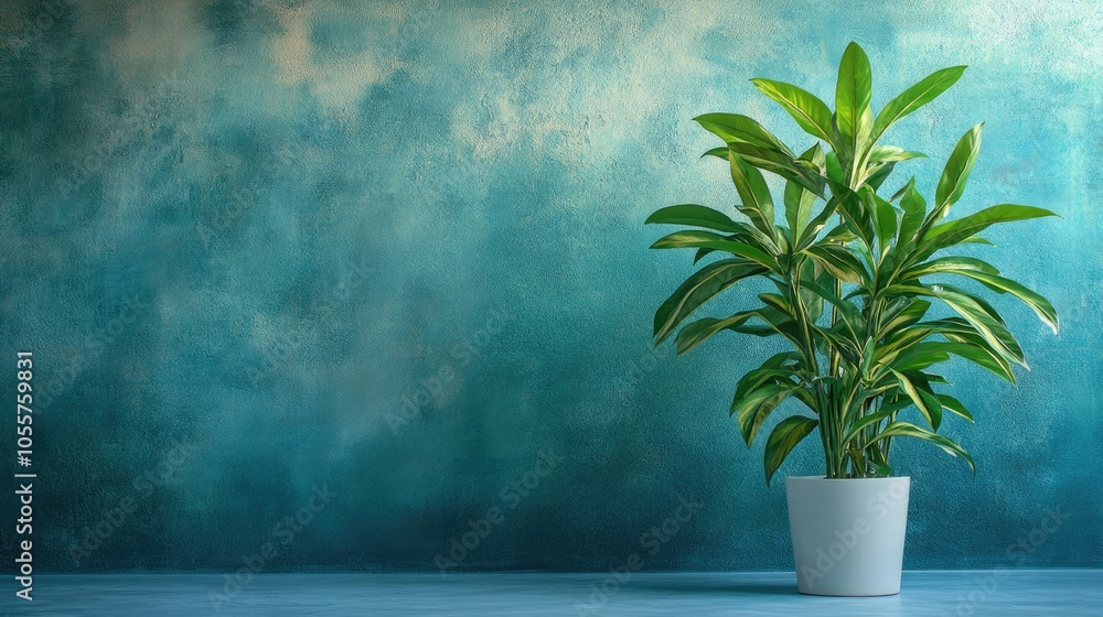 Aufkleber a vibrant green plant in front of a calming blue concrete backdrop softly illuminated to create an e