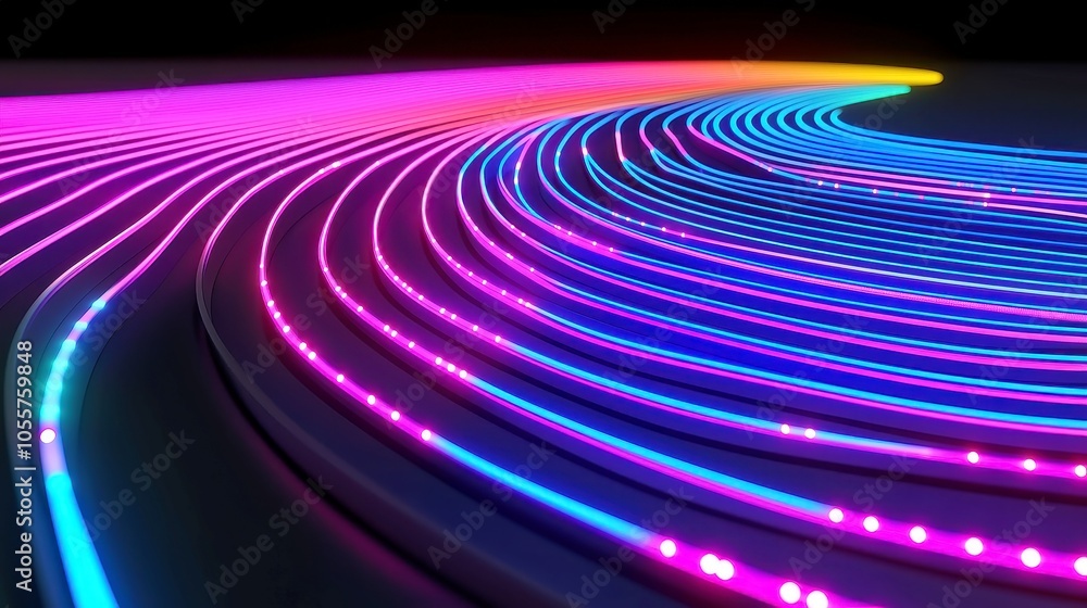 Poster vibrant 3d abstract design, curved lines and colorful light points on black background, seamless cir
