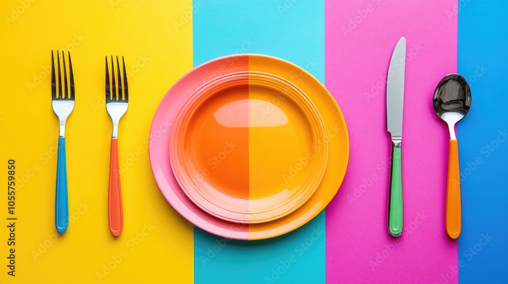 Aufkleber vibrant utensils including a knife plate and fork displayed on a colorful backdrop