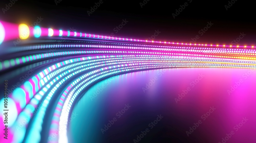 Poster dynamic 3d animation, curved lines intertwining with vibrant light points against a deep black backg