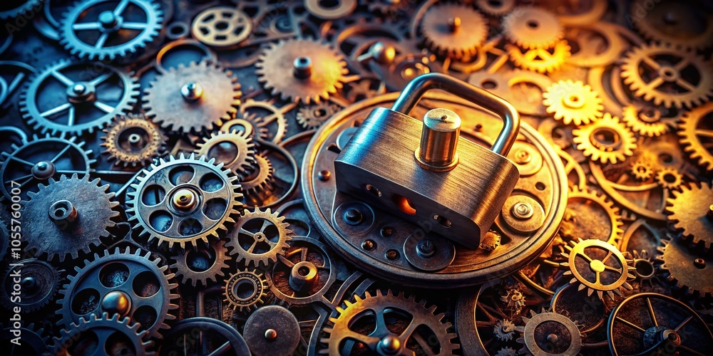 Poster close-up night photography of a mechanical lock and intricate gears symbolizing security and complex