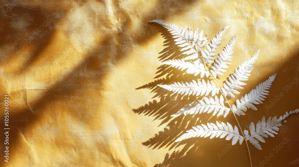 Aufkleber White fern leaf casting shadow design element on a golden backdrop illuminated by sunlight featuring ample copy space