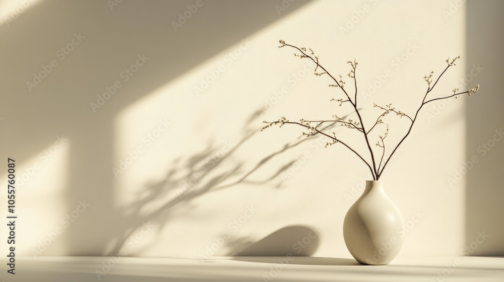 Poster A minimalist design features a vase with delicate branches creating subtle shadows on a softly hued backdrop