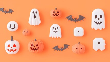 Halloween Icons Animation, vibrant orange backdrop, playful movement of pumpkins, ghosts, bats, and spooky symbols, festive atmosphere, perfect for seasonal celebrations and decorations