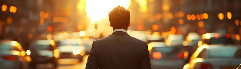 A Man in a Suit Walks Away from the Sunset in a Busy City Street