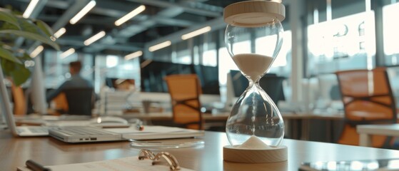 Fototapeta premium An hourglass sits gracefully on an office desk, capturing the busy rhythm of the workspace with its silent countdown.