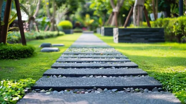 Serene garden pathway with stone slabs and pebbles, surrounded by lush greenery and vibrant plants, creates inviting atmosphere perfect for outdoor relaxation and nature appreciation.