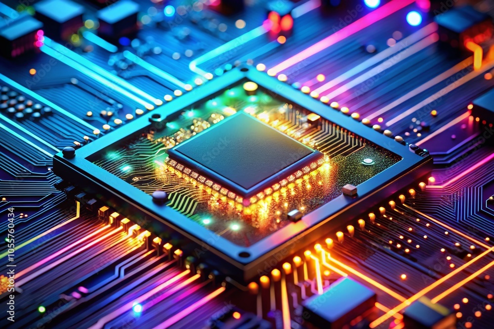 Poster close-up of a computer chip with glowing lights for futuristic technology background