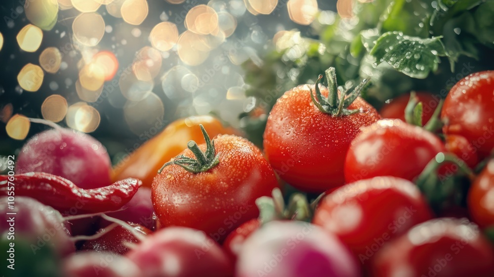 Poster close up of fresh tomatoes peppers and radishes featuring a bokeh light effect a vibrant and healthy