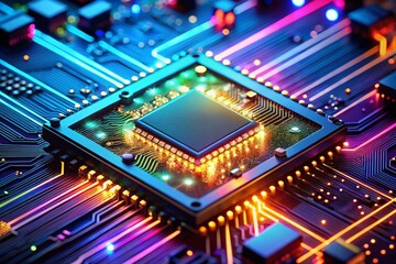 Fototapeta premium Close-Up of a Computer Chip with Glowing Lights for Futuristic Technology Background