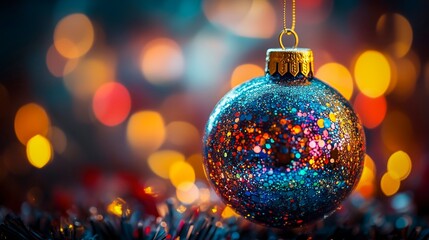 A Glittering Blue Ornament Hangs Against a Backdrop of Colorful Lights During the Festive Season