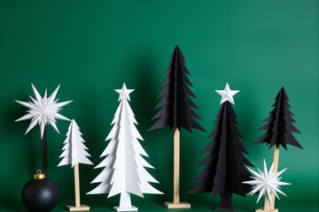 Minimalist christmas decorations with paper trees and star ornaments on green background
