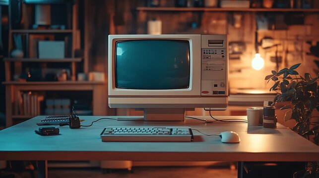 Retro desktop computer setup on a clean table capturing the look of old technology with modern lighting