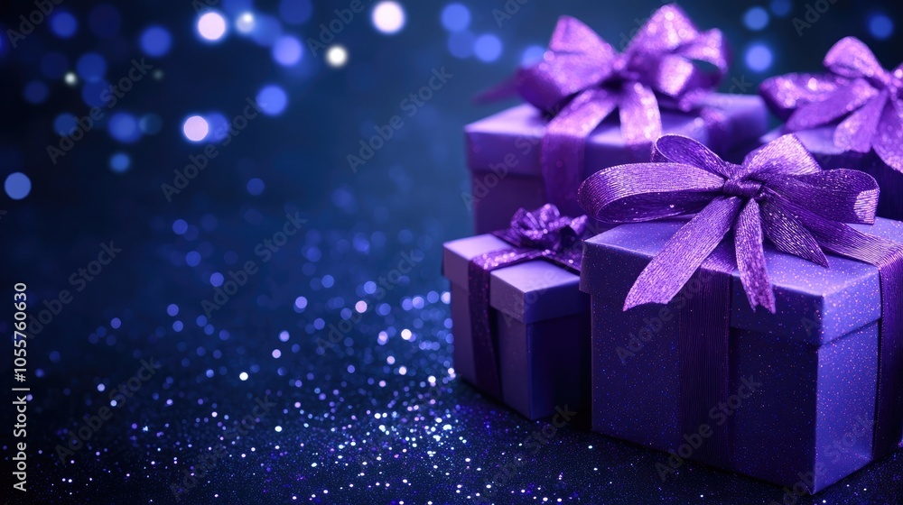 Aufkleber elegant purple gift boxes adorned with violet ribbon bows set against a dark blue backdrop featuring